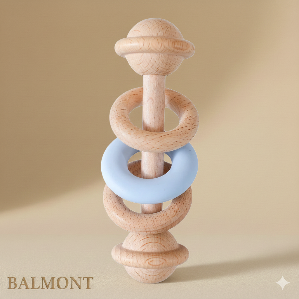 Hochet bébé bois et silicone sensoriel
