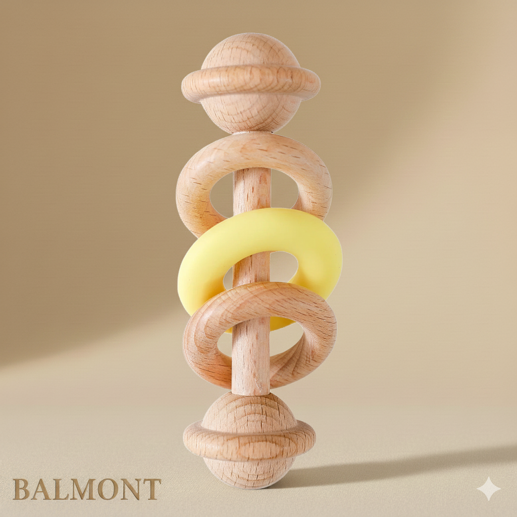 Hochet bébé bois et silicone sensoriel