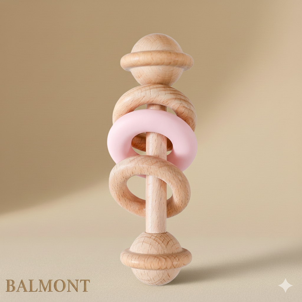Hochet bébé bois et silicone sensoriel