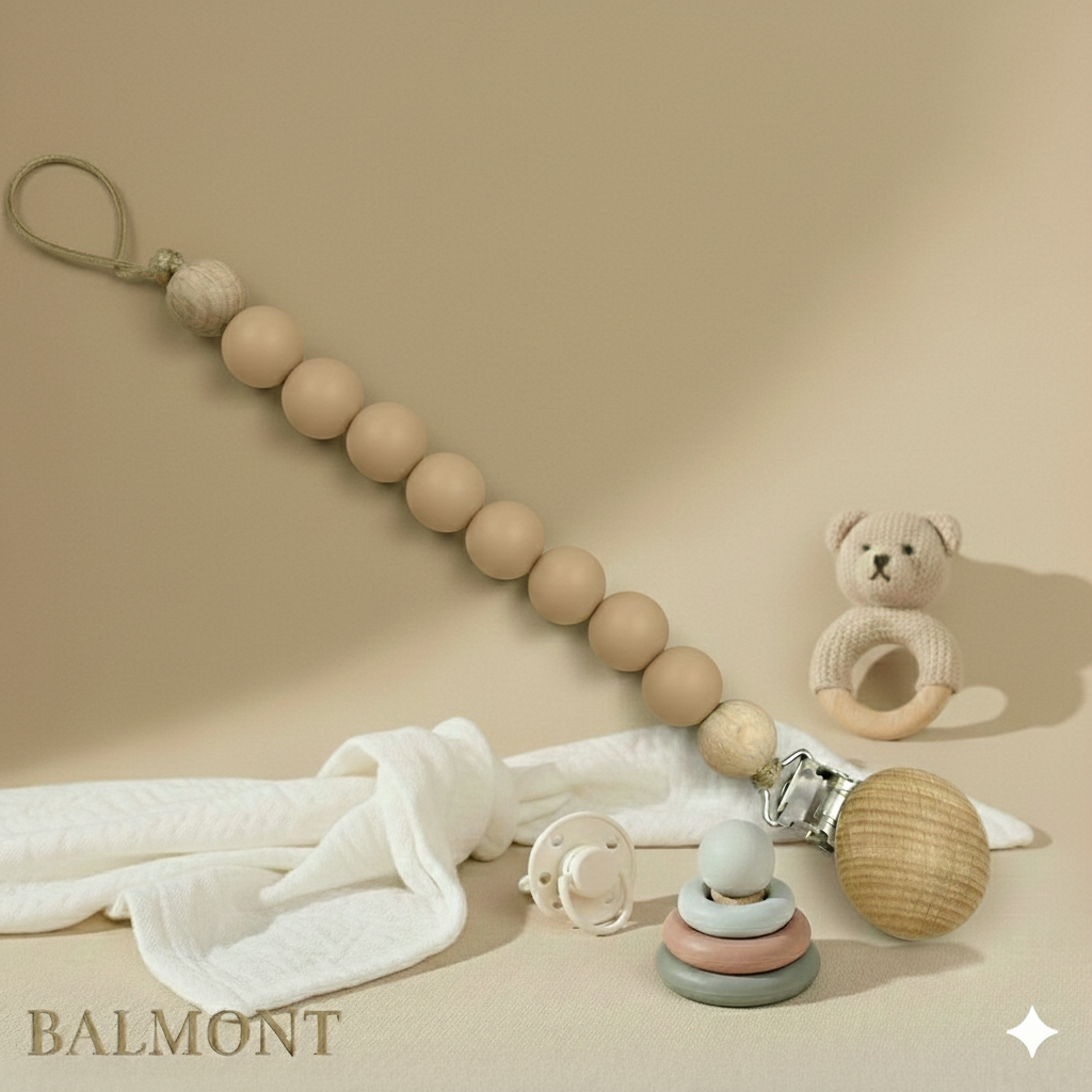 Attache tétine bois et silicone, naturelle, sûre et élégante