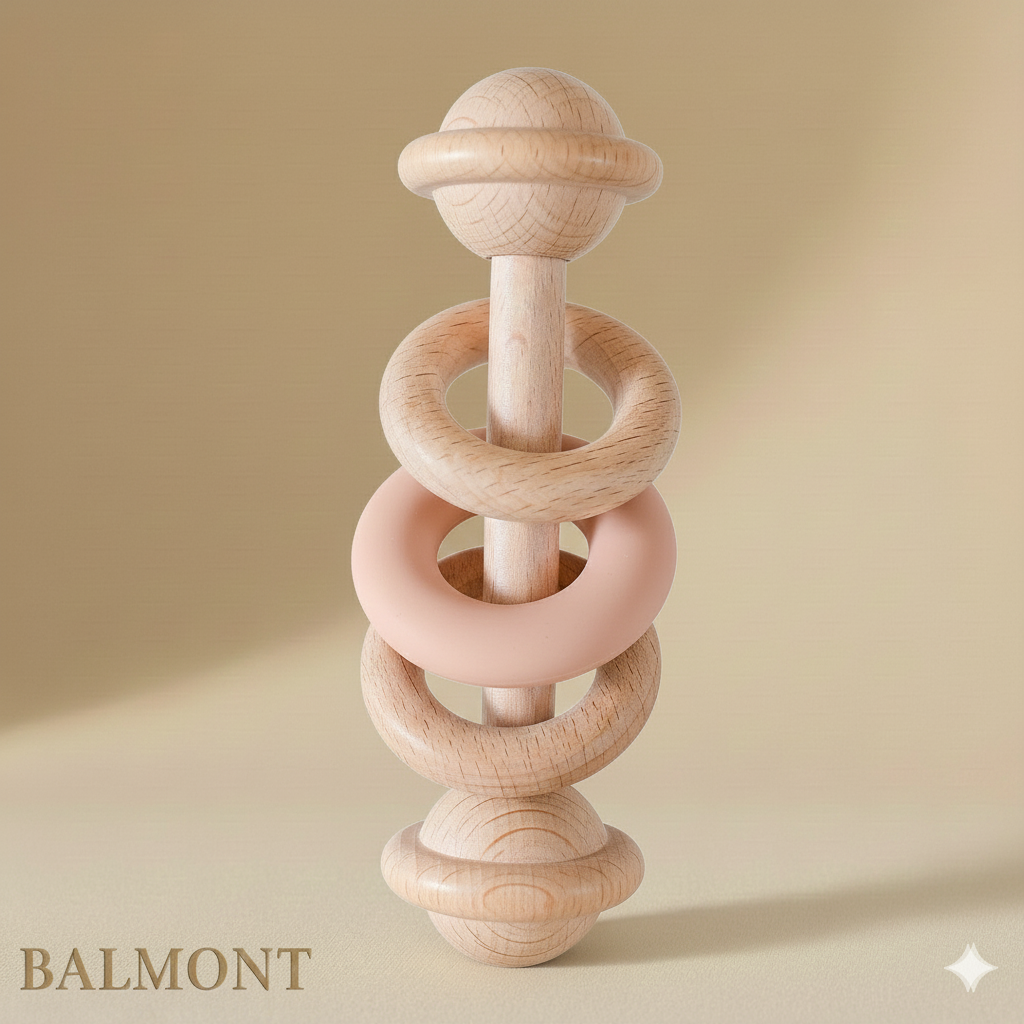 Hochet bébé bois et silicone sensoriel