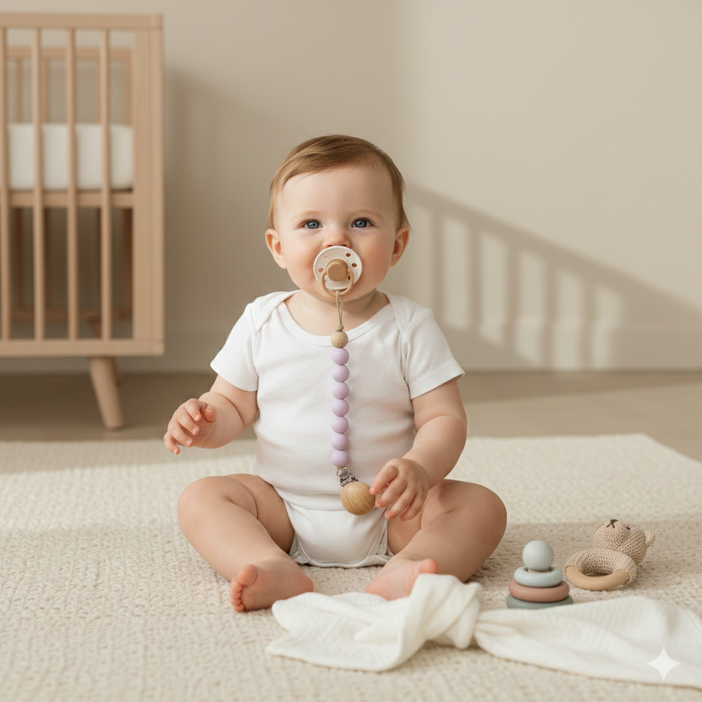 Attache tétine bois et silicone, naturelle, sûre et élégante