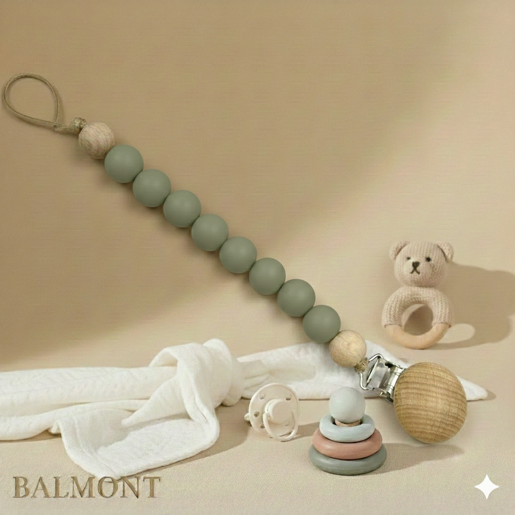 Attache tétine bois et silicone, naturelle, sûre et élégante